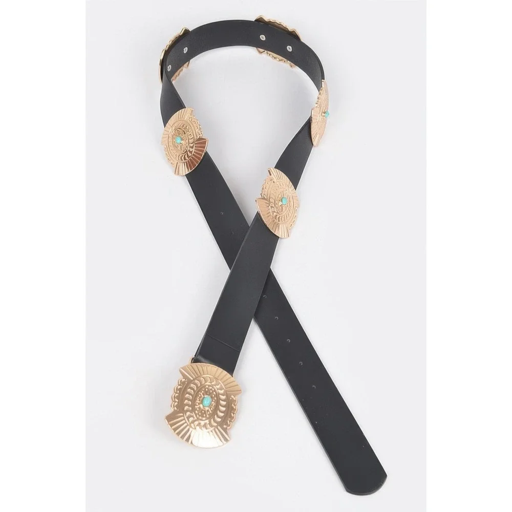 Concho Belt Women OS GOLD Excellent Western Turquoise Boho Medallion